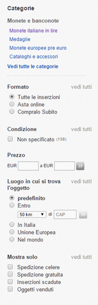 menu ricerca ebay